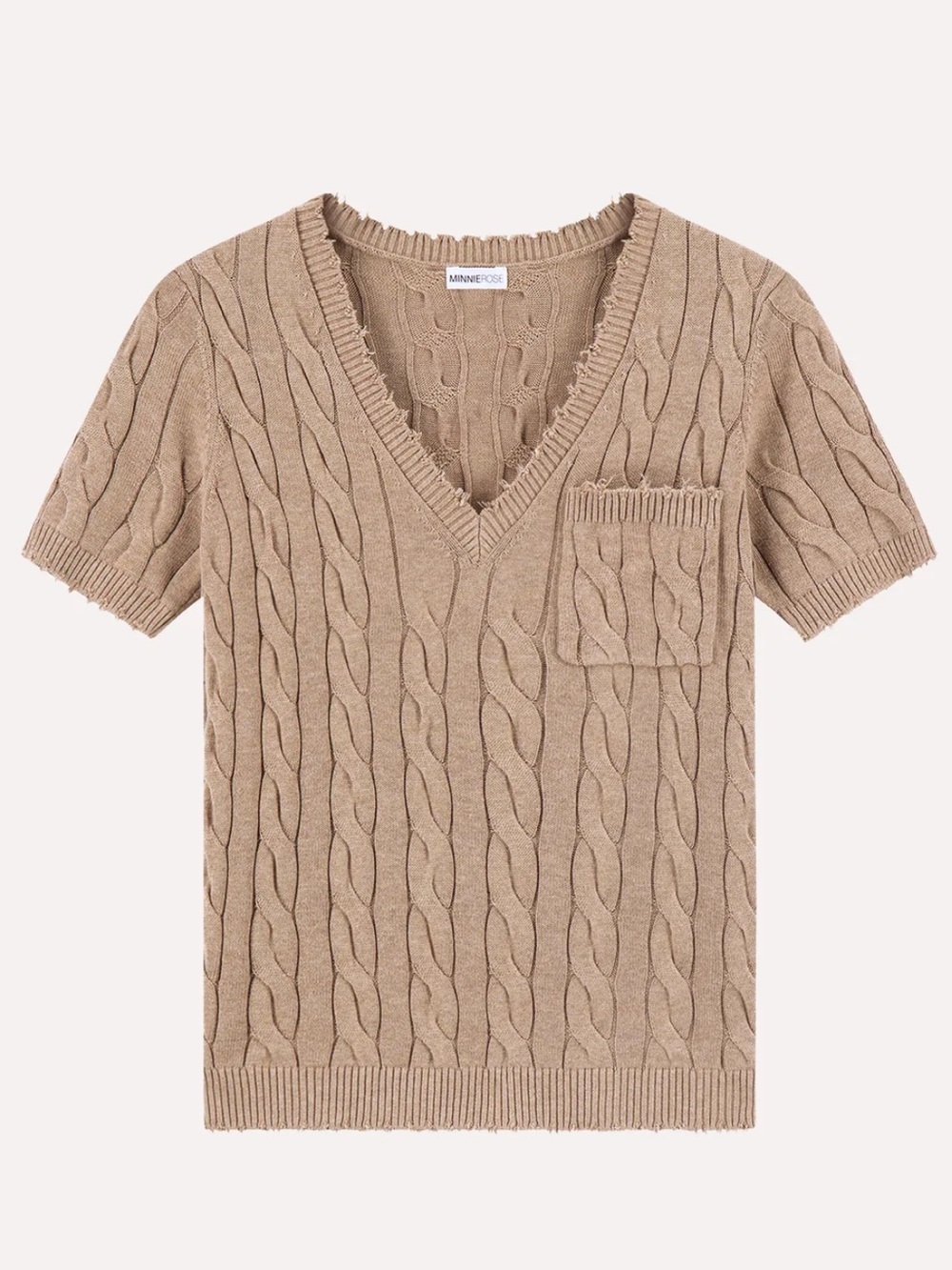 Minnie Rose Cotton Frayed Cable V Neck Tee with Pocket